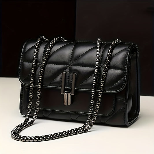 [Elegant Shoulder Bag] Elegant Faux Leather Shoulder Bag | Plaid Pattern, Chain Strap, Turn-lock Closure, Synthetic Lining | Ideal for Casual & Formal Occasions, Durable Zippers